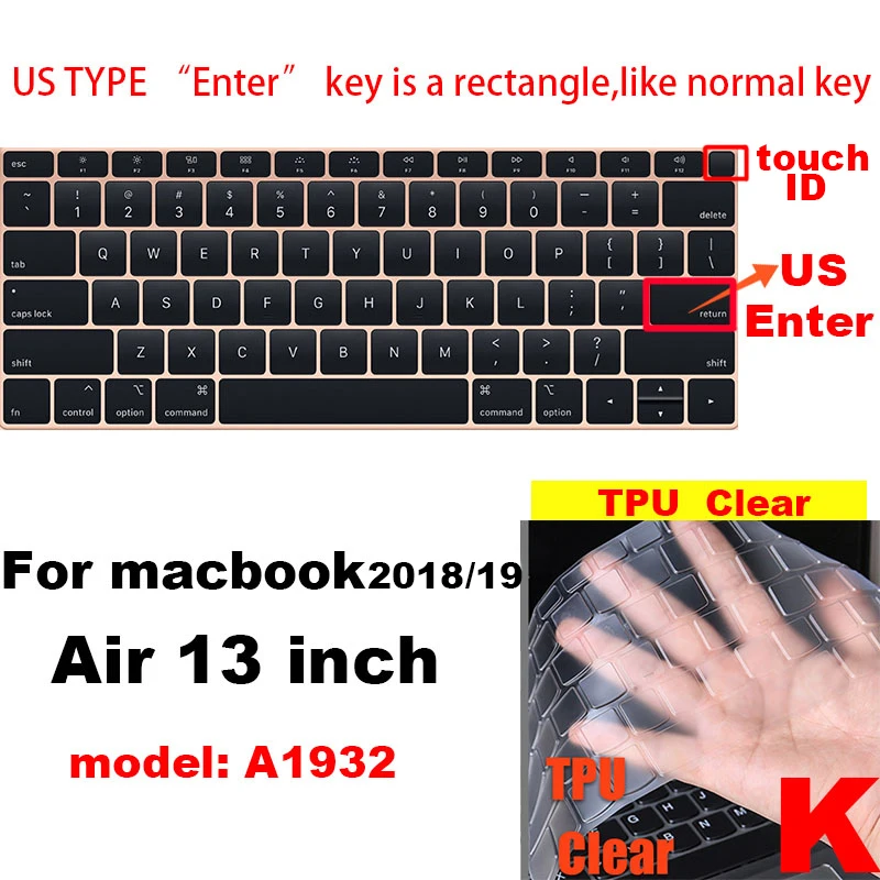 K 0,13 mmTPU для Apple Macbook pro13/11Air 13/15 retina12 дюймов Чехол для клавиатуры Ультратонкий чехол прозрачная защитная пленка EU/US pro16 - Цвет: K
