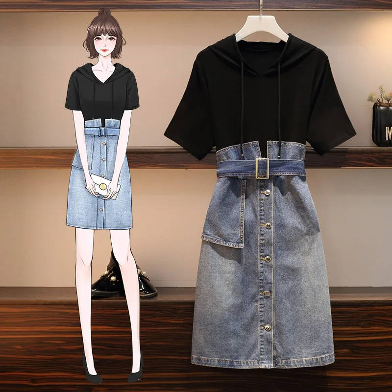 

5XL Plus Size Women Jean Dress Summer 2021 Cotton Short Sleeve Hooded Sweatshirt Patchwork High Waist A-Line Denim Dresses