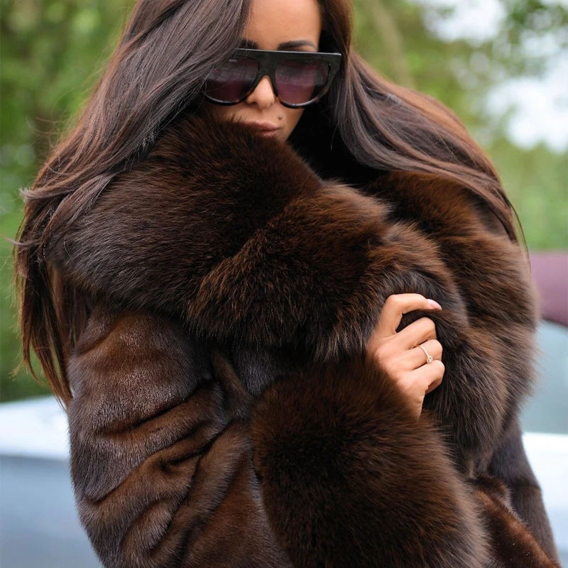2022 New Fashion Real Mink Fur Coat 90cm Long Genuine Mink Fur Coats With Fox Fur Big Lapel Collar Warm Overcoats Fur Natural