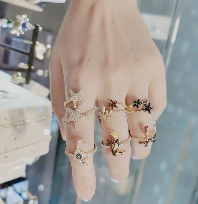 

Fashion Real 925 Sterling Silver Gold Color Double Starfish Finger Ring Micro Zirconia Stones Women Luxury Brand Jewelry