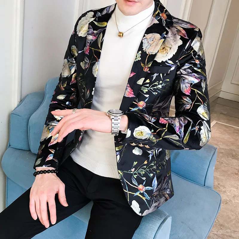 

Men's fashion colorated floral print blazer casual jacket White Black