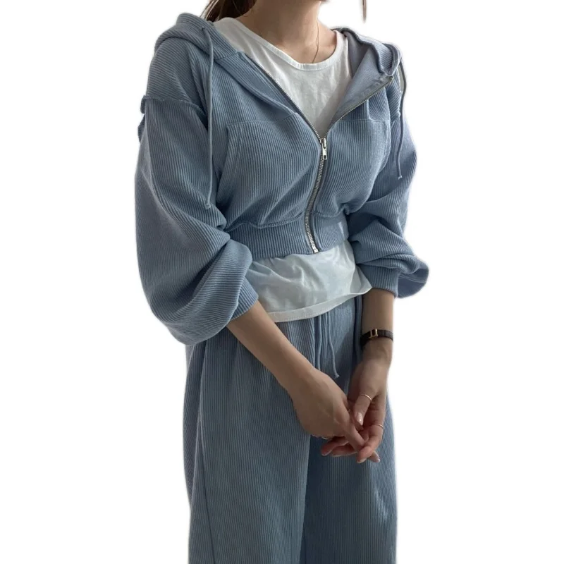 

Womens Fashion 2 Pieces Outfits Loose Zipper Front Cropped Jacket Long Pants Jumpsuits Rompers