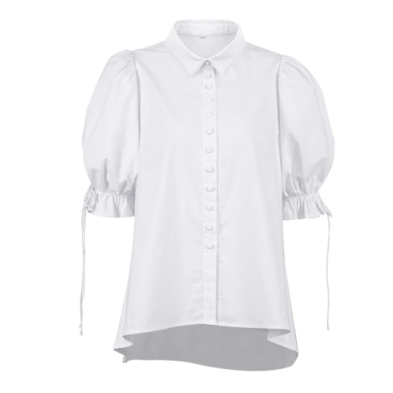 

Summer New Puff Sleeves Shirts Women Solid Loose Cotton and Linen Short-Sleeved Tops Casual Blouse