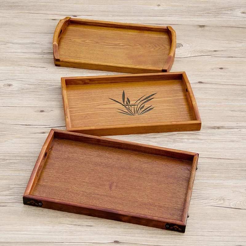 

1 Piece Wooden Tray Rectangular Breakfast Sushi Snack Bread Dessert Cake Tray Easy To Carry Non-slip Handle Bar Tray