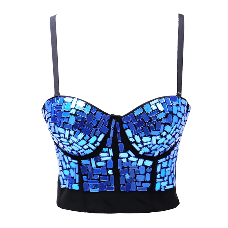 Women's Gold Silver Red Blue Sequin Cropped Tops Rhinestone Pearl Tank Top Glitter Sexy Bustier Tops Rave Festival Party Vest