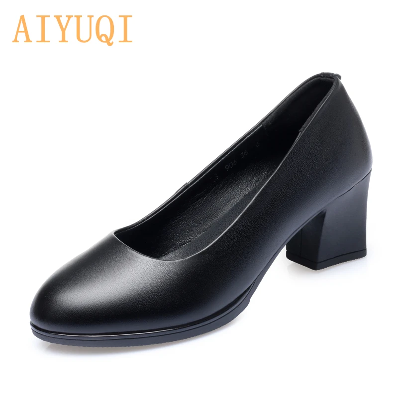 

AIYUQI Women's Shoes Large Size 2021 Spring New Genuine Leather Women's Shoes Single Thick Heel Professional Office Shoes Women