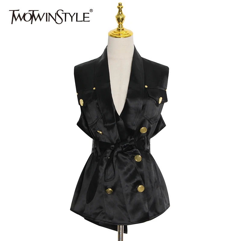 

TWOTWINSTYLE Casual Outerwear Vest For Women High Waist Lace Up Buttons V Neck Sleeveless Vests Female 2021 Autumn Clothing New