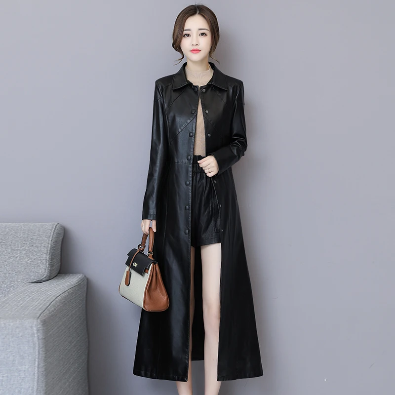 Women X-Long Soft Leather Jacket New Autumn Fashion Ladies Washed PU Leather Trench Coats Female Faux Leather Outerwear 5XL