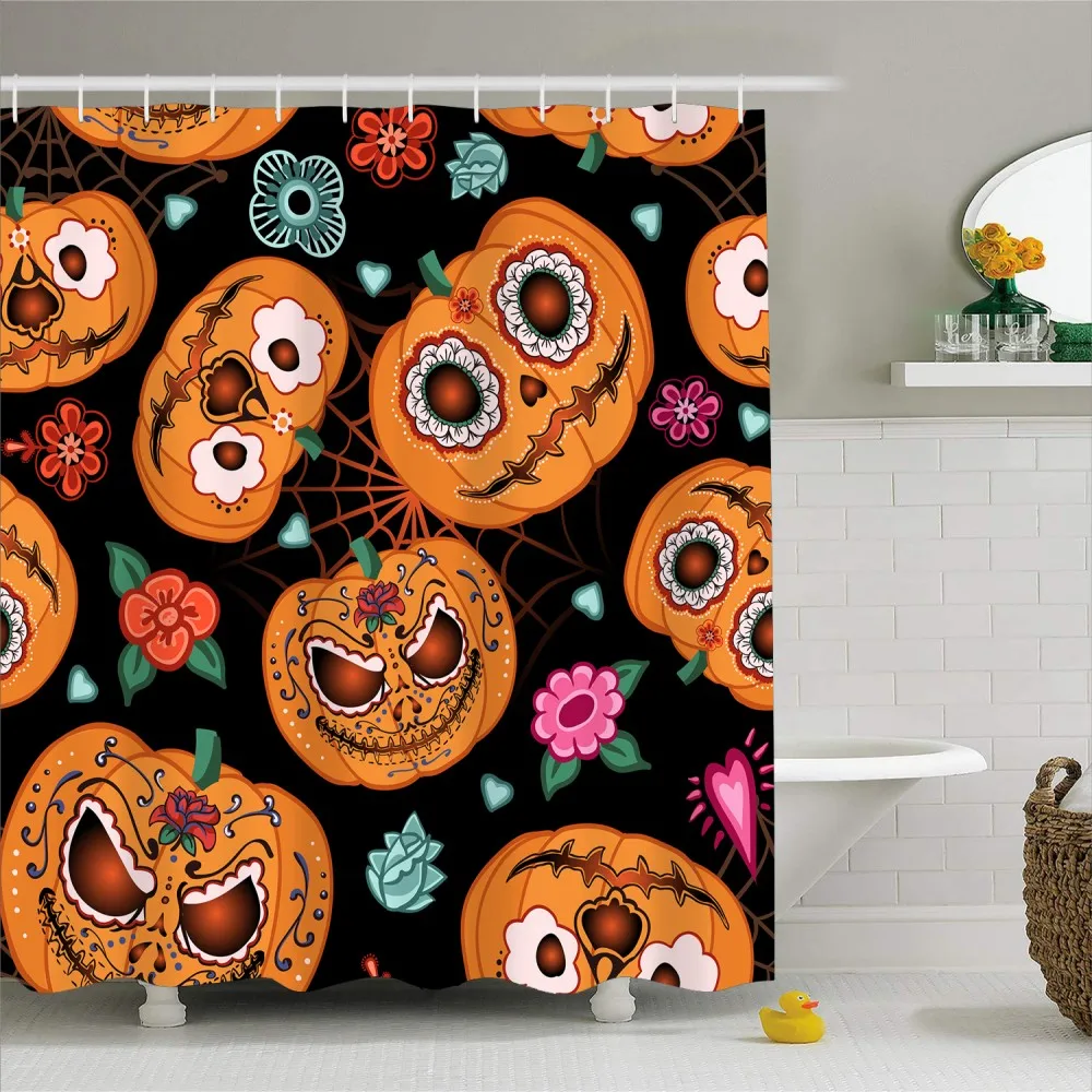 Skull Pumpkin Shower Curtain Waterproof Mold Proof Polyester Happy Halloween Bath for Kids Black/White Background Screen | Дом и сад