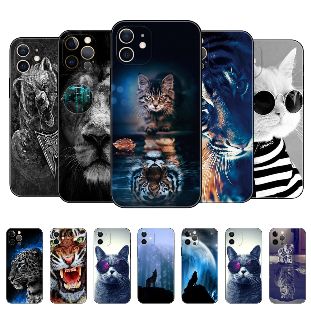 Чехол для iphone 12 чехол mini Pro Max Apple iPhone12 черный бампер из ТПУ с Львом тигром волком
