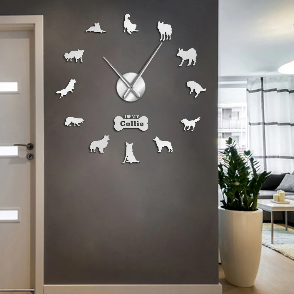 Dog Breed Border Collie Silhouette Wall Sticker Frameless DIY Giant Clock Home Decor Scottish Sheepdog Paw | Дом и сад