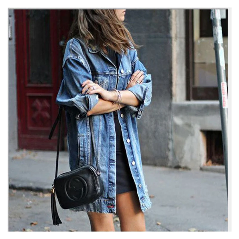 

Long Jeans Jacket Blue Jean Jacket Fall 2021 Women Popular Mid Length Dark Hole Denim Trench Coat Oversized Denim Jacket Women