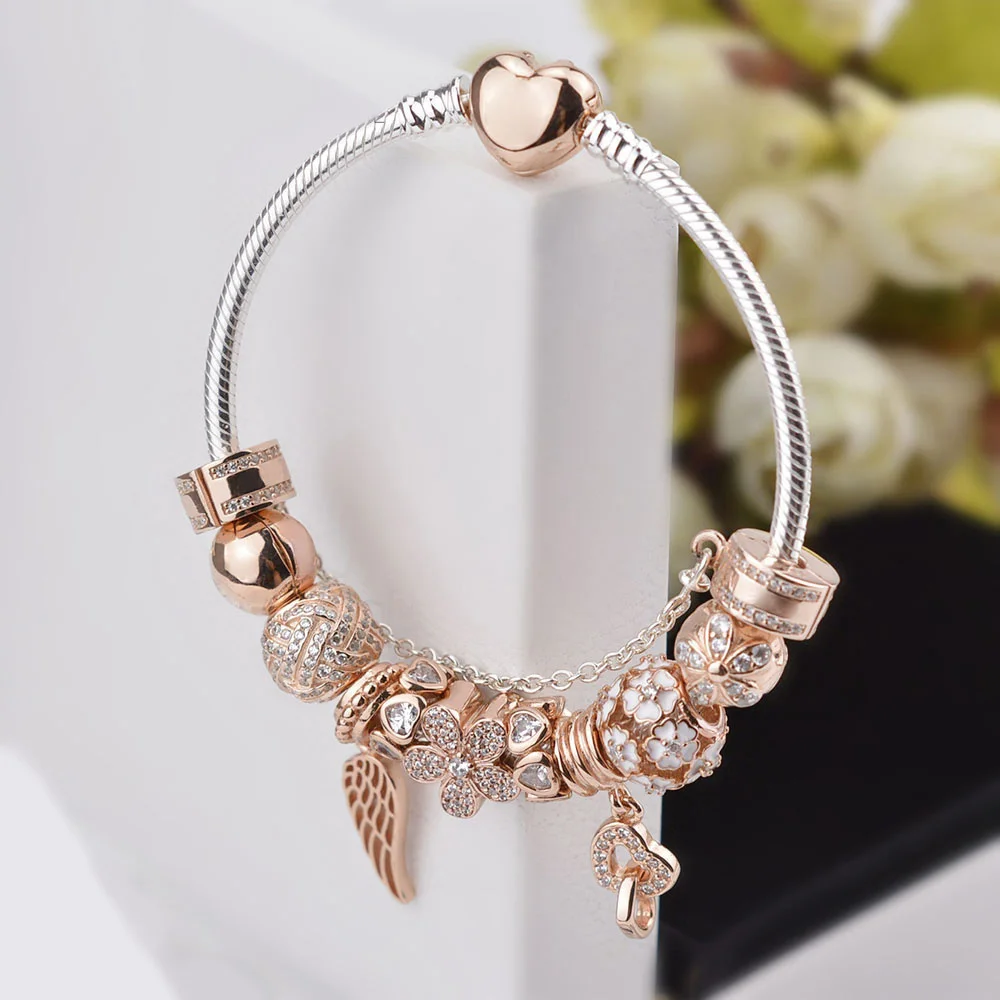 Новинка 100% Стерлинговое Серебро 925 пробы розовое золото браслет в форме сердца