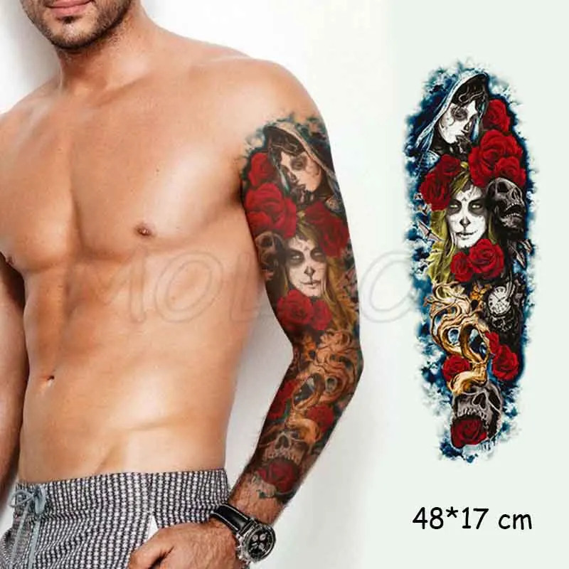 Водостойкие временные тату-Стикеры полностью покрывающие руки красные розы часы