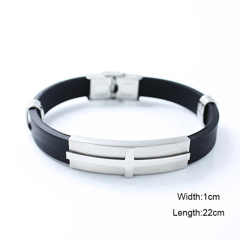 

Simple Black Silver Color Cross Bracelet Men's Charm Jewelry Religious Bracelet Stainless Steel Clasp Silicone Bracelet