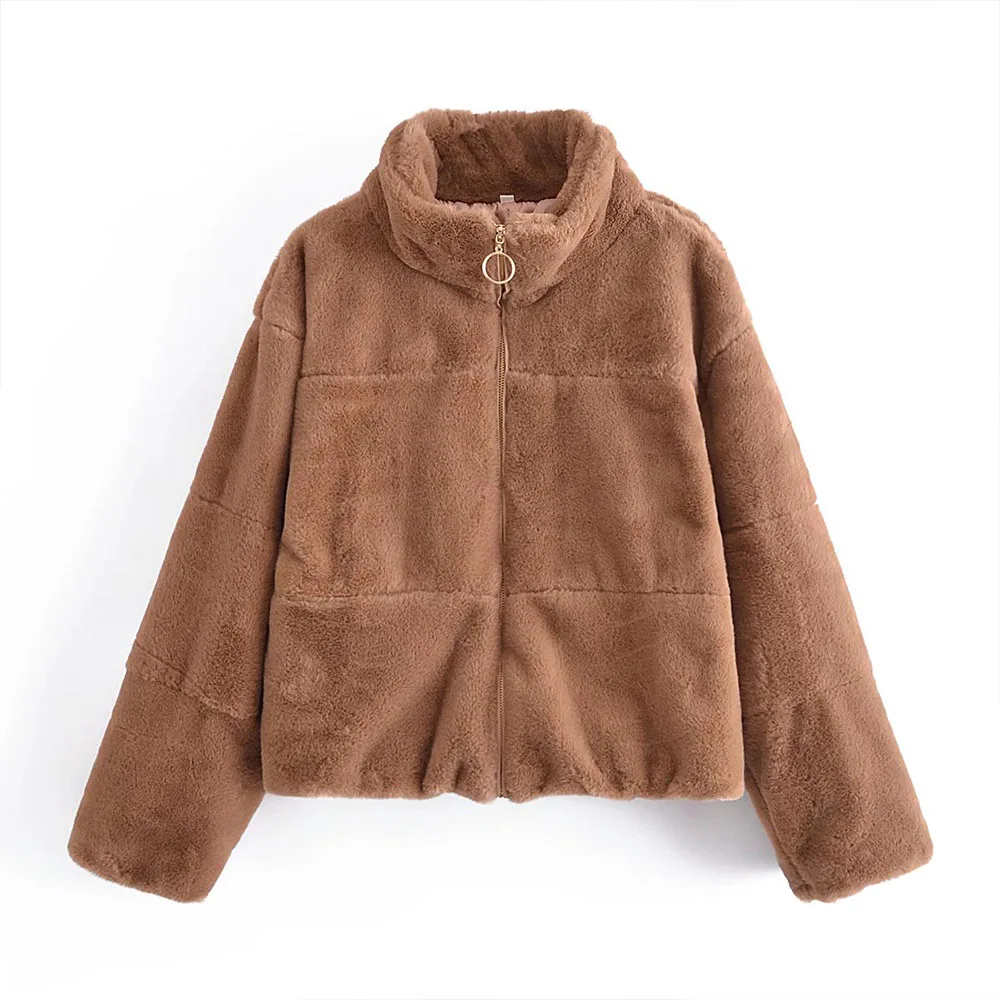 

Za Women 2021 Winter Fashion With Drawstring Winter Thick Warm Furs Coat Vintage Long Sleeve zipper Female Outerwear Chic Tops