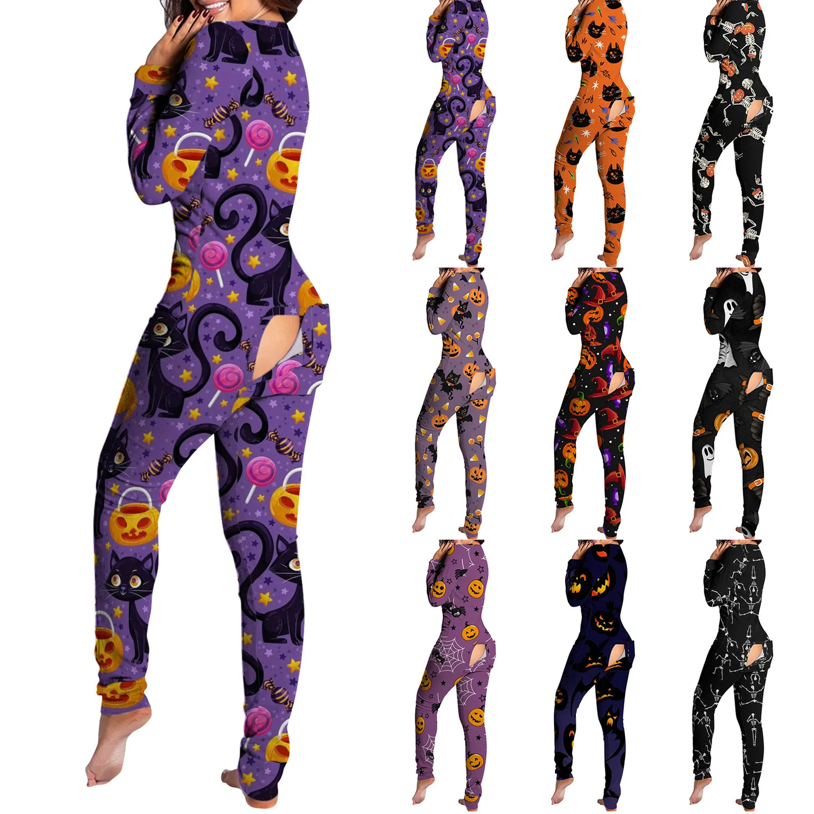 

Women Onesie Plus Size Button-Down Halloween Pijama Printed Female Jumpsuit Button Crotch Macacao Feminino Long Sleeve Sleepwear