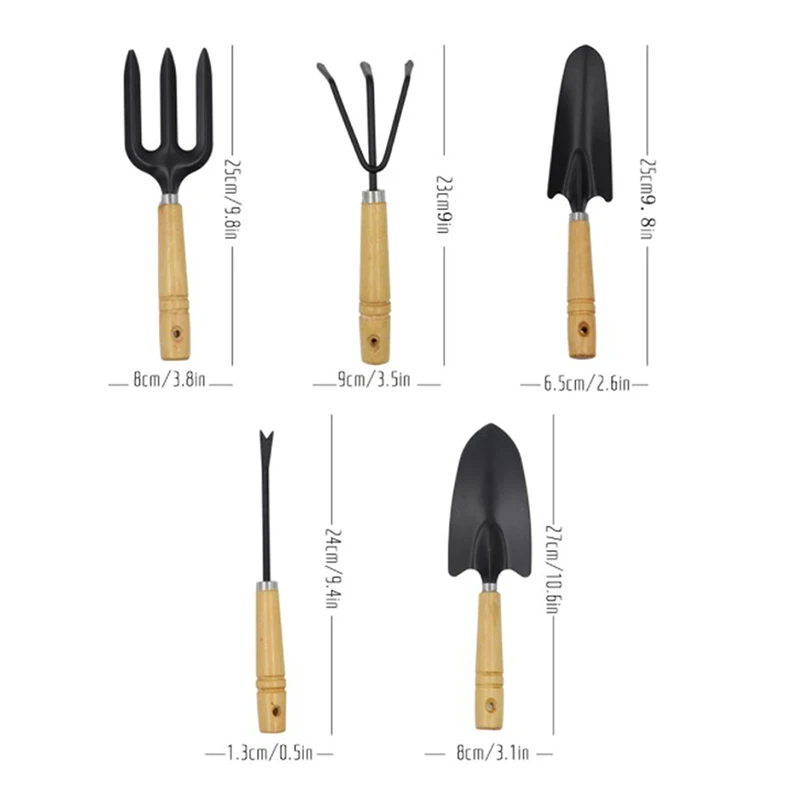 

5 Pieces Of Mini Portable Garden Tools Metal Head Shovel Rake Spade Home Gardening Tool Set Balcony Home Wooden Handle Tool Set