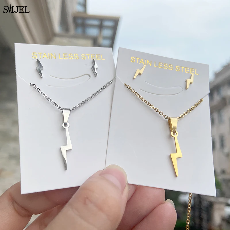 

Delicate Lightning Bolt Pendant Necklace Earrings Stainless Steel Set Thunder Strike Jewelry Punk Gift for Friend Accessories