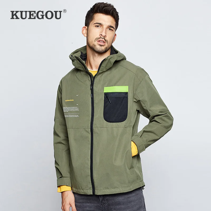 KUEGOU 2021 Осенняя Лоскутная Повседневная куртка с капюшоном для мужчин и пальто в