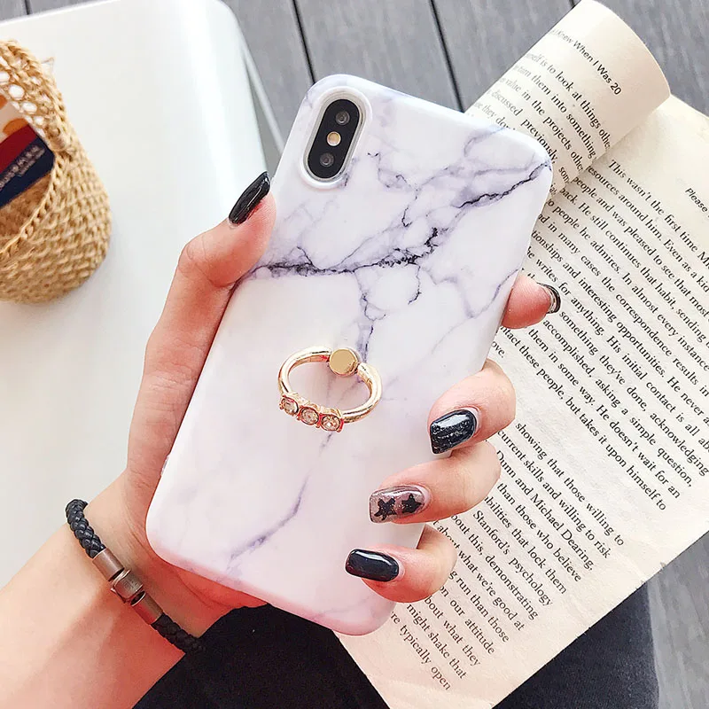Роскошный lovecom треснутый мрамор чехол для телефона для iPhone 11 Pro Max XS Max XR 6 6S 7 8 Plus X Мягкая задняя крышка с кольцом для пальца - Цвет: Stand White