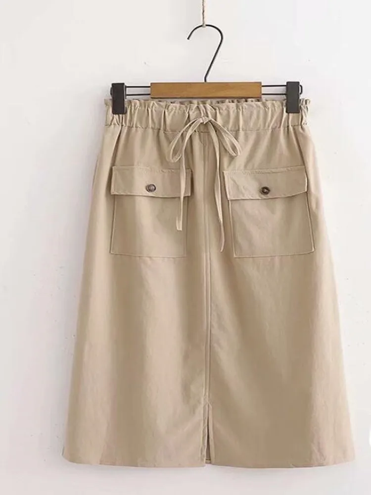 

Women Summer Elastic High Waist Mid-Calf Skirts Female Vintage Solid Casual Skirt Fashion Style Work OL Cotton Skirts J109