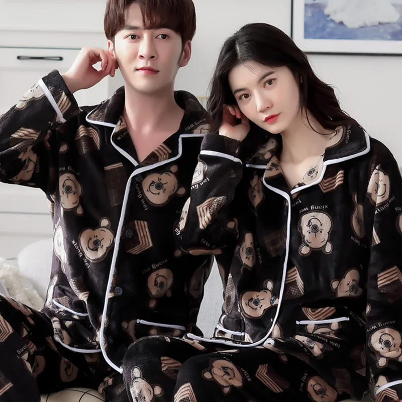 

Парные сочетающиеся пижамы, фланелевый пижамный комплект, зимняя женская одежда для сна, Мужская теплая Домашняя одежда, костюм из Аниме ме...