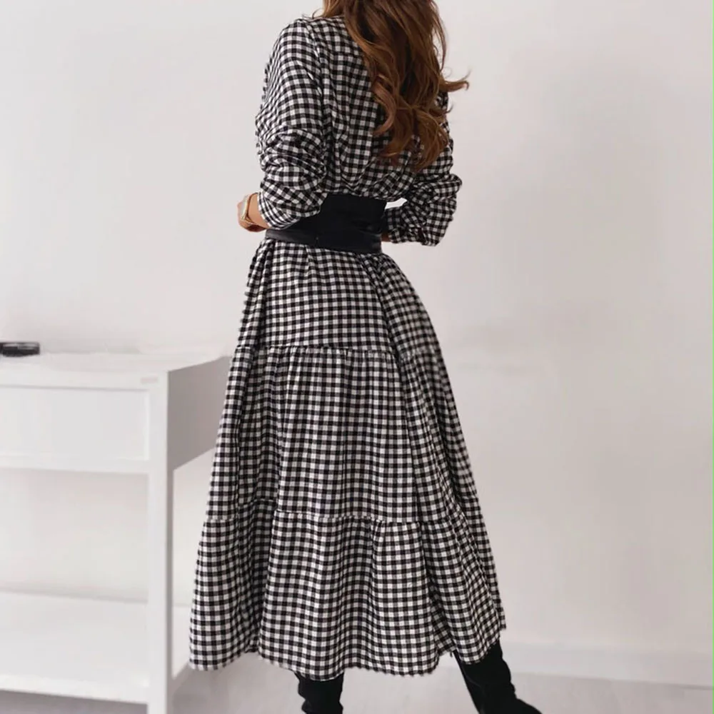 

Western Style Fashion Temperament Loose Popular Women's Dress Spring Summer Lattice Belt Waist Lapel Long Sleeve 2021