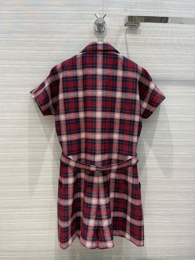 

Luxury Brand 100% Wool Playsuit for Women 2021 Early Autumn New Products Lapel Short Sleeve Belt Workwear Plaid Short Jumpsuit