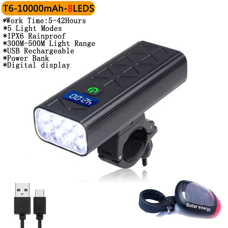 

8LED 10000mAh Ultra Bright Bicycle Light USB Rechargeable LED Bike Headlight 5000LM Waterproof Bike Flashlight as power bank