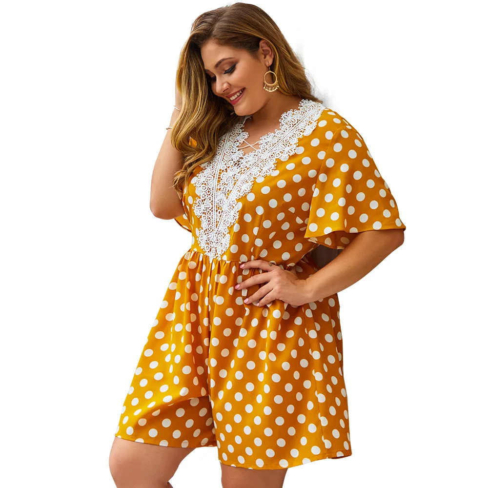 

V-neck Design Applique Polka Dot Decorative Plus Size Lace Neck Jumpsuit Casual Pants Rompers Womens One Piece Jumpsuit