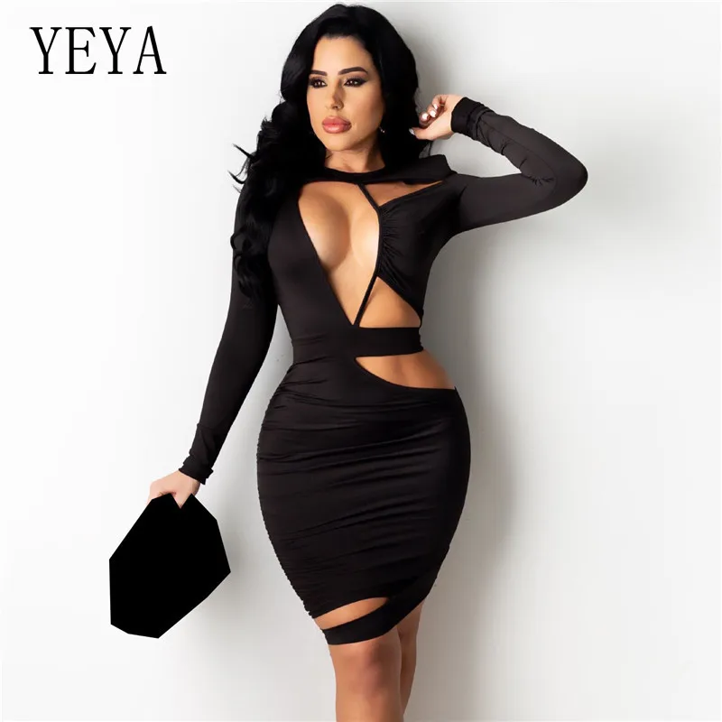 

YEYA Sexy Hollow Out Bodycon Mini Dress Long Sleeve Bandage V-neck Night Party Club Dresses S-4XL Plus Size Clothing for Women
