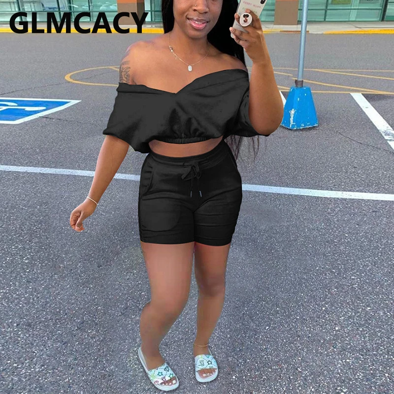 

Two Peice Casual Suits Off Shoulder Crop Top & Slim Shorts Set