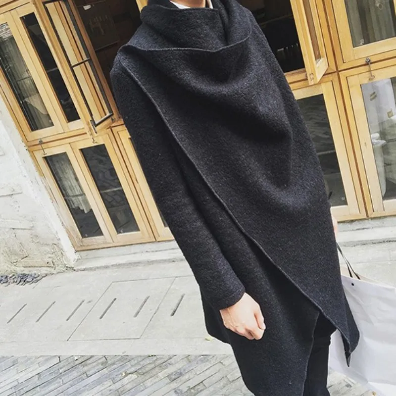 

Gothic Warm Trench Coat Street Style Irregular Medium-Long Woolen Coat Men Autumn Winter Warm Black Casual Overcoat Plus Size