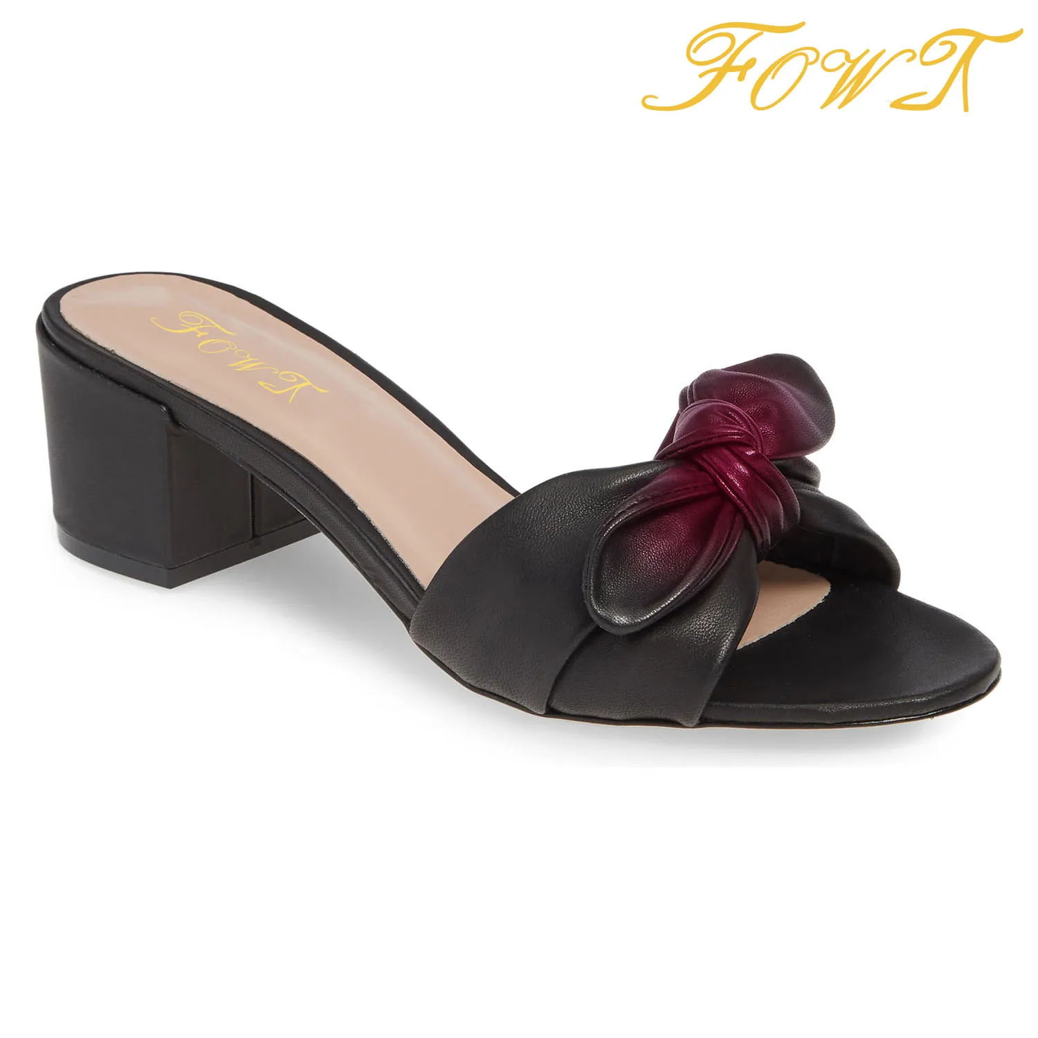 

Black Butterfly-Knot Med Chunky Heels Sandals Woman Slippers Slides Large Size 11 15 Slip On For Ladies Summer Dress FOWT