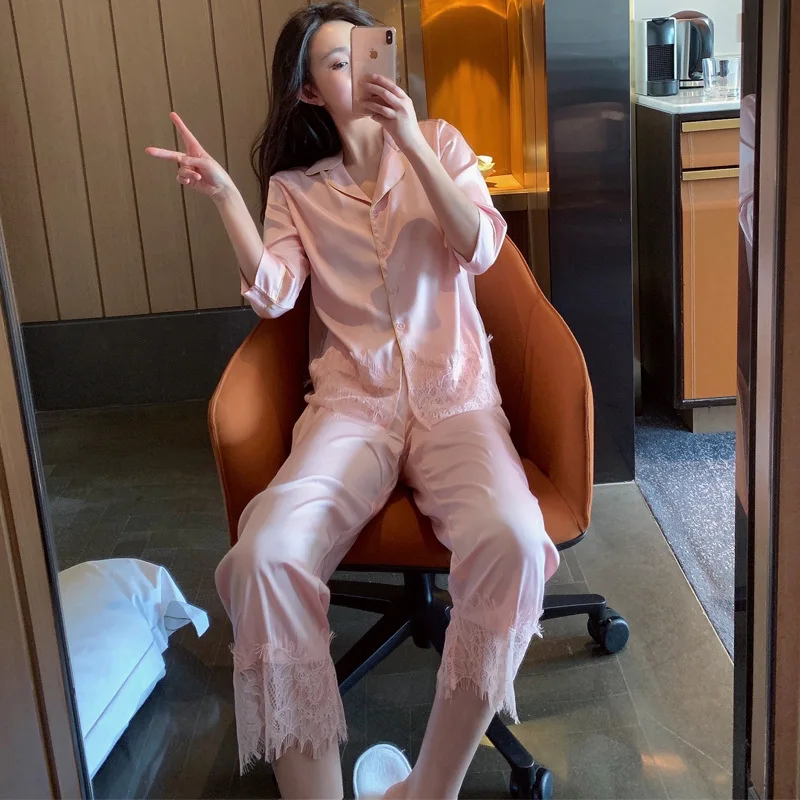 

Ladies pajamas summer new pajamas women ice silk three-quarter sleeve lace cardigan home service suits fashion temperament high