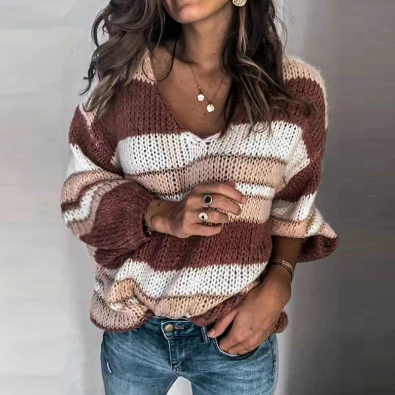 Женский свободный джемпер в полоску вязаный свитер стиле пэчворк с длинным
