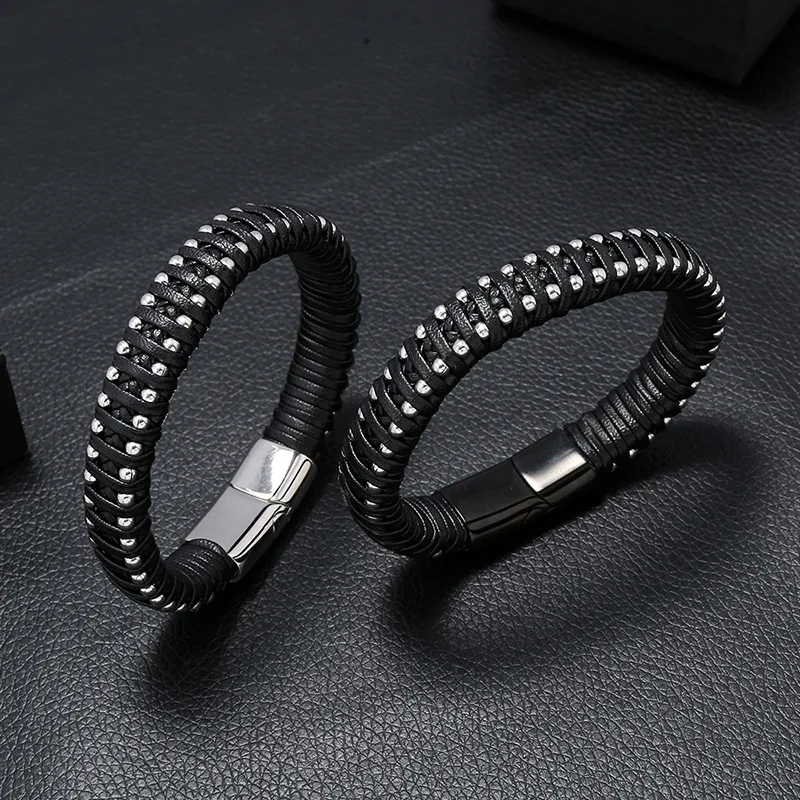 Модный Черный Кожаный Браслет-манжета для мужчин и женщин магнитная застежка из