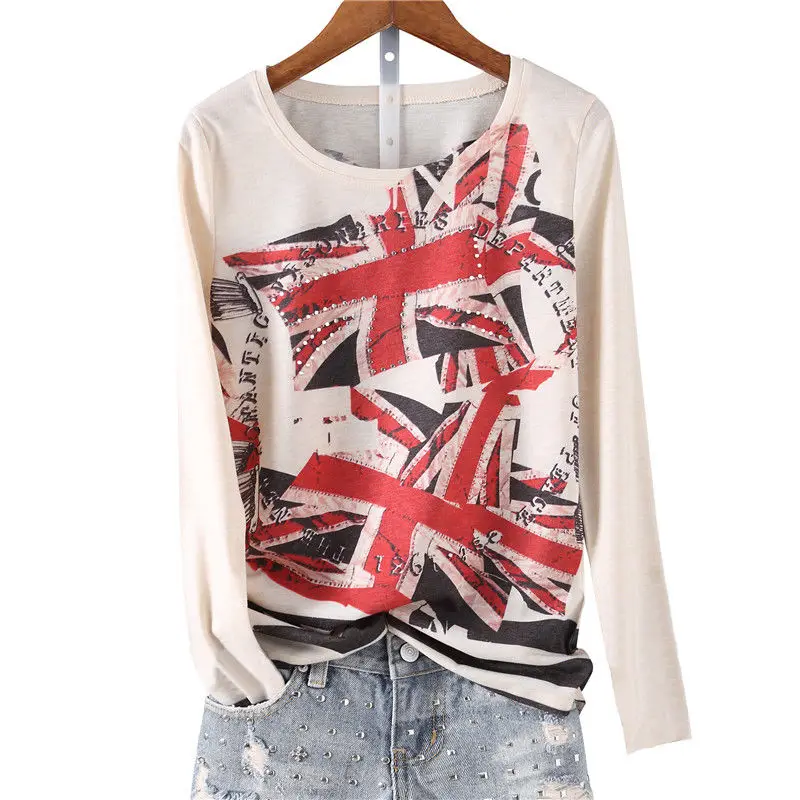 

Tide 2020 spring new fashion hot diamond printing slim crew neck color cotton long sleeve bottoming shirt top women