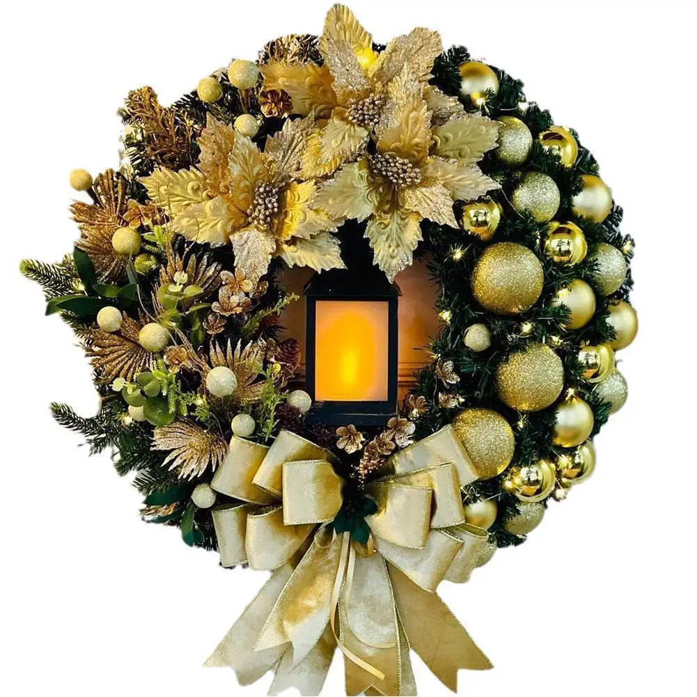 

30cm/40cm Christmas Wreath Retro Gold Christmas Wreath With Flower And Bow And Golden Wheat Embellishment Xmas Decoration