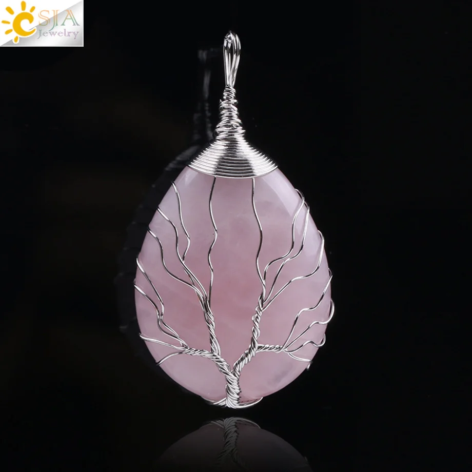 

CSJA Natural Stone Pink Quartz Necklace & Pendant Silver-color Tree of Life Wire Wrapped Water Drop Shape for Women Jewelry F122