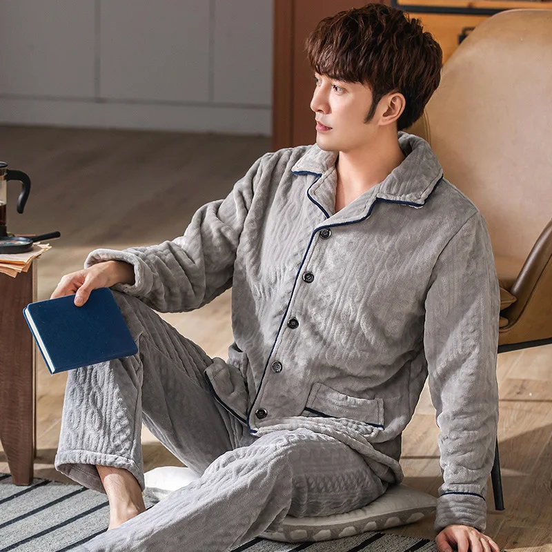 Warm Pajamas Men Winter Thick Homewear Pyjama Homme Hiver Coral Fleece Padded Lapel Large Size Simple Pajamas Suit Sonno Tops