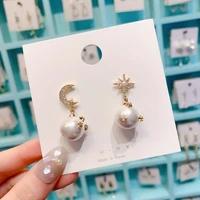korean fashion high sense star zircon pearl earrings elegant net red s925 silver needle asymmetric earrings