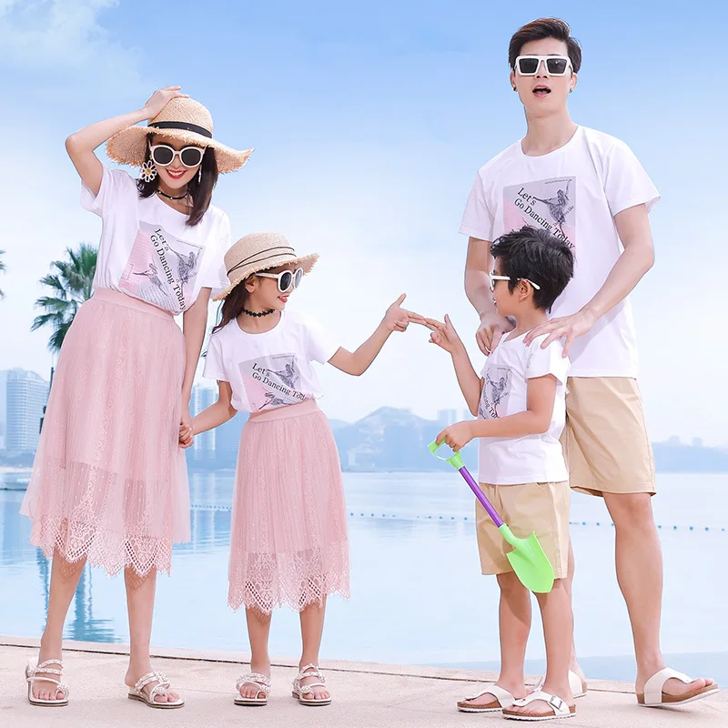 Одинаковые комплекты для семьи Летнее мама дочка платье-футболка Футболка сына