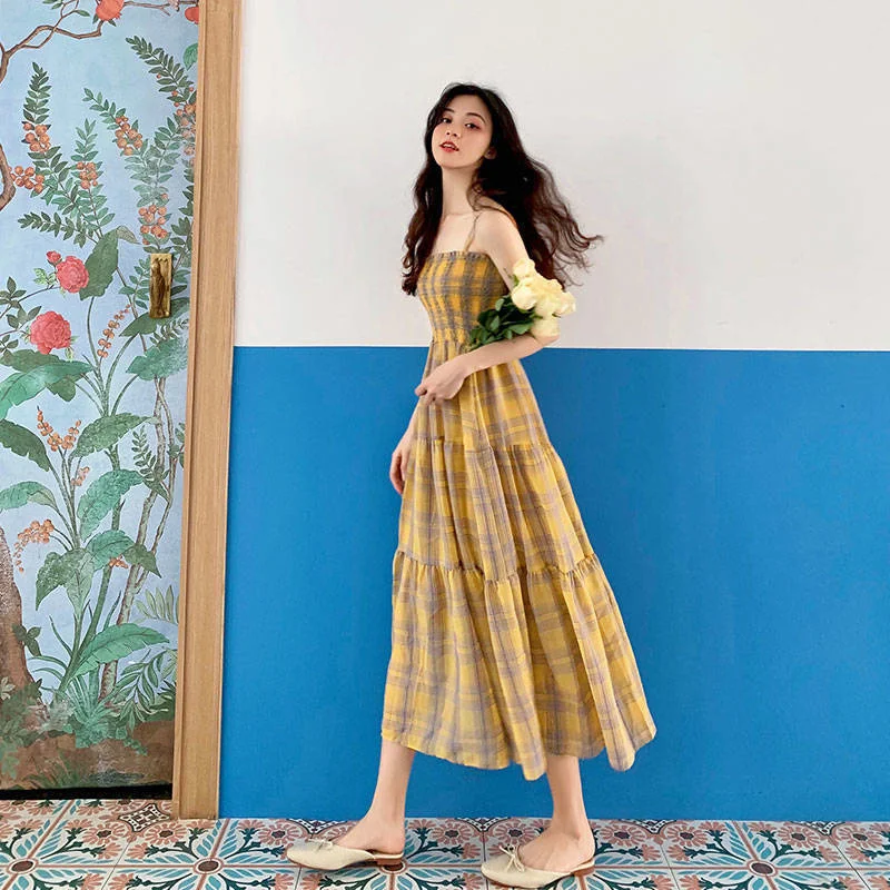 

Plaid Strap Chiffon Dress for Women 2021 Long Simple Waist Graceful Nuyoah