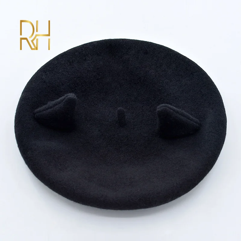 Шерстяной берет с кошачьими ушками художественная шапка милая шерстяная бутон