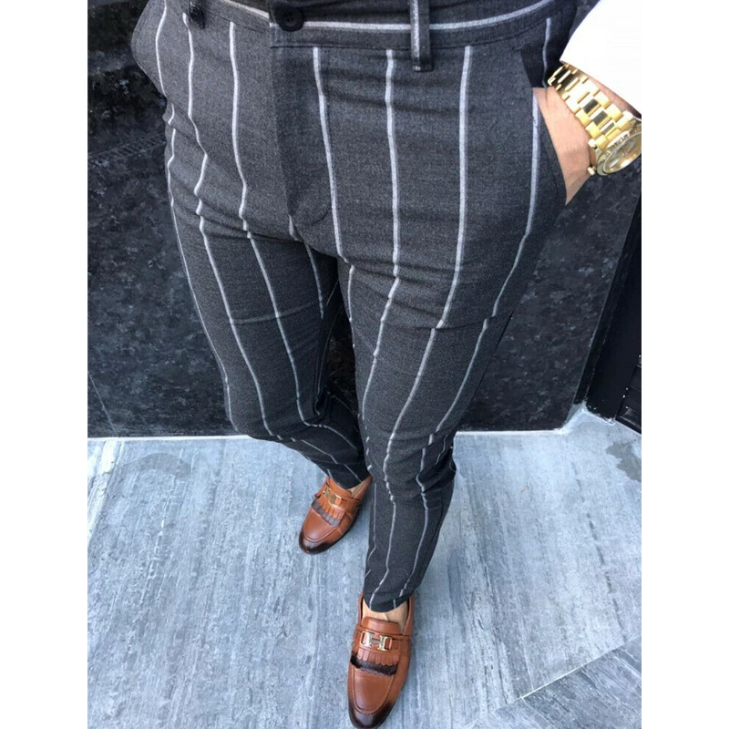 Роскошные мужские формальные полосатые брюки Slim Fit повседневные деловые офисные длинные брюки Умные повседневные узкие брюки новинка осень зима