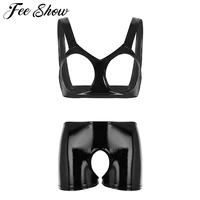 womens wetlook costumes sissy lingerie cocktail parties set open cups bra crop tops with crotchless boxer briefs latex panties