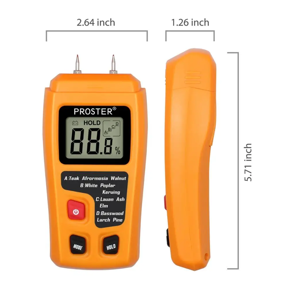 Proster Портативный измеритель влажности древесины 0.5% точность и гигрометром