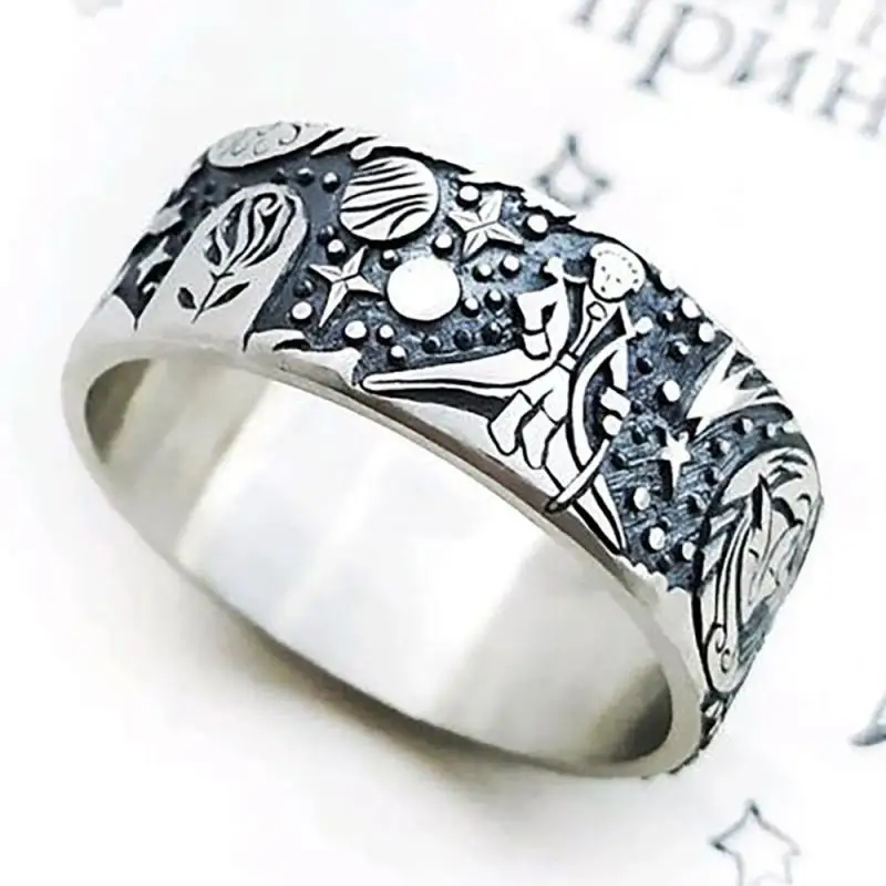 

Vintage romantic fox prince pattern ring men's and women's party yearning for the Milky Way planet Grunge couple ring jewelry